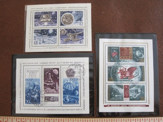 Lot of ten Russian moon rover postage stamps in two mounted panes of three, one pane of four;