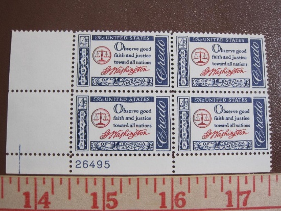 Block of 4 1960 4 cent George Washington Credo US postage stamps, #1139