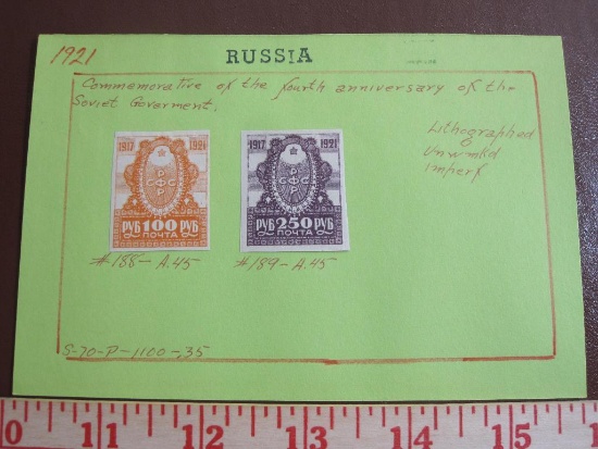 Two hinged 1921 Russia stamps that commemorate the fourth anniversary of the Soviet government, #s
