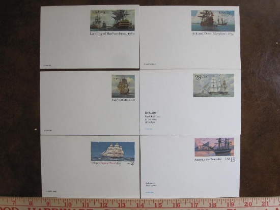 Lot of six post cards w/ ship-themed stamps, 1980-89