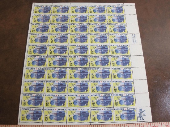 One sheet of fifty 1975 10 cent Pioneer Jupiter US stamps, Scott # 1556