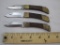 Three Vintage Folding Pocket Knives, wood and metal, all blades marked Pakistan, AS IS, 5 oz
