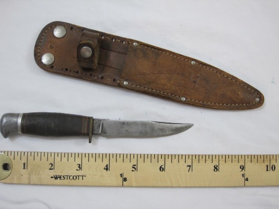 Vintage German Sears & Roebuck Co Small Hunting Knife and Leather Sheath, AS IS, base of handle is