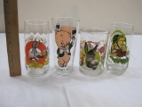 Lot of 4 Assorted Character Drinking Glasses including Happy Birthday Bugs (1990), Flintstone Kids