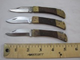 Three Vintage Folding Pocket Knives, wood and metal, all blades marked Pakistan, AS IS, 5 oz