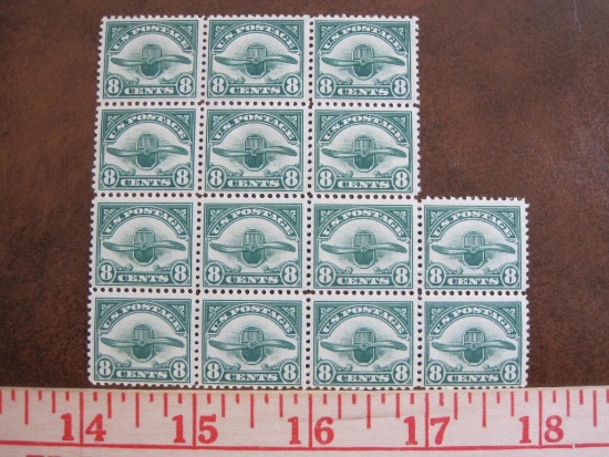 Block of 14 1923 8 cent Airplane Propeller US postage stamps, #C4