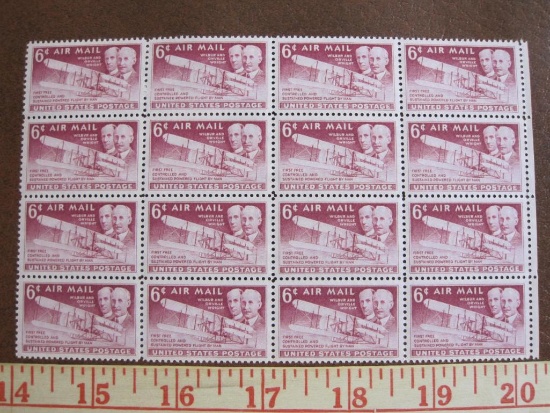 Block of 16 1949 6 cent Wilbur and Orville Wright US Air Mail stamps, C45
