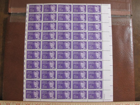 Full sheet of 50 1963 Eleanor Roosevelt postage stamps, Scott # 1963