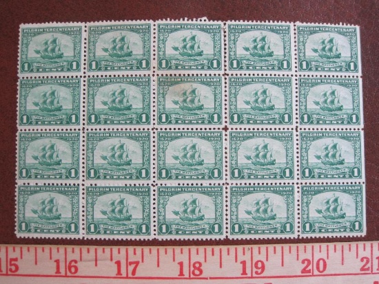 Block of 20 1920 Mayflower Pilgrim Tercentenary 1 cent US postage stamps, #548