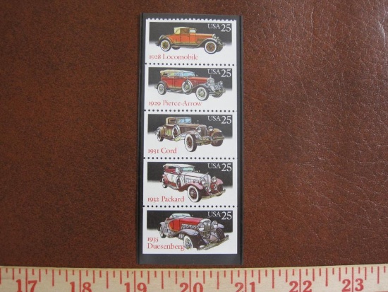 Mounted block of 5 1988 25 cent Classic Car stamps, gum is mint, Scott # 2381-85