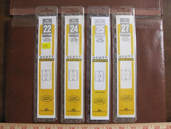 Four packs of Scott brand black stamp mount strips for stamps 22, 24, 25 and 27 mm high. 22 mm