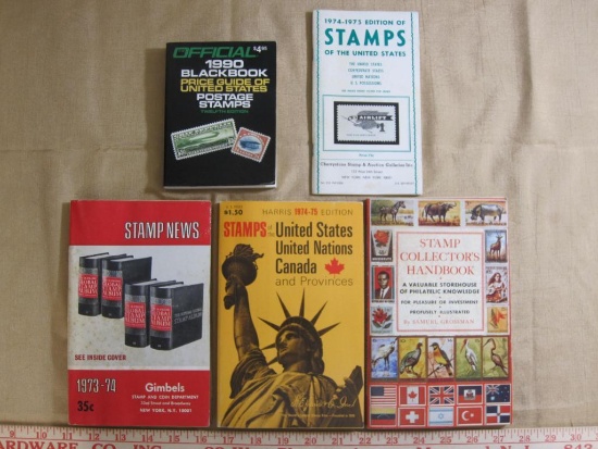 Lot of five vintage philatelic books including 1990 price guide, 1974-75 stamp guide, 1973-74 stamp