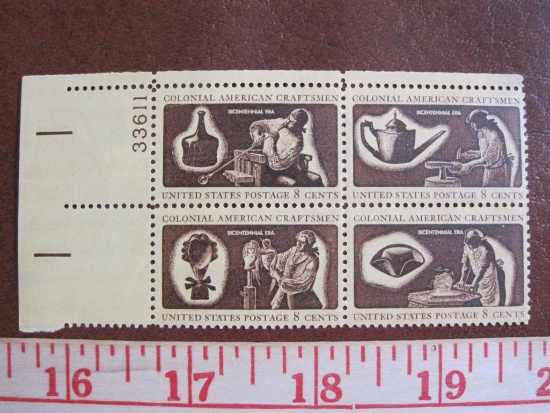 Block of 4 1972 Colonial American Craftsmen 8 cent US postage stamps, #1456-1459