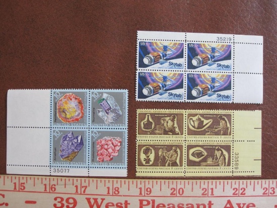 Three blocks of US postage stamps: one block of 4 1972 8 cent Colonial American Craftsmen stamps (#s