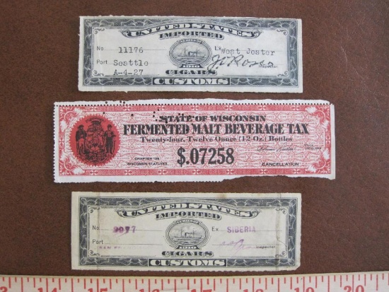 Three US tax stamps -- two US Customs for Cigars, one from the State of Wisconsin Fermented Malt