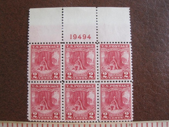 Block of 6 1928 Washington at Valley Forge 2 cent US postage stamps, #645