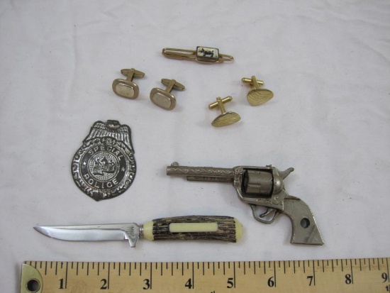 Lot of Men's Collectibles including Foster cufflinks, tie clip, Japan knife, special police badge,