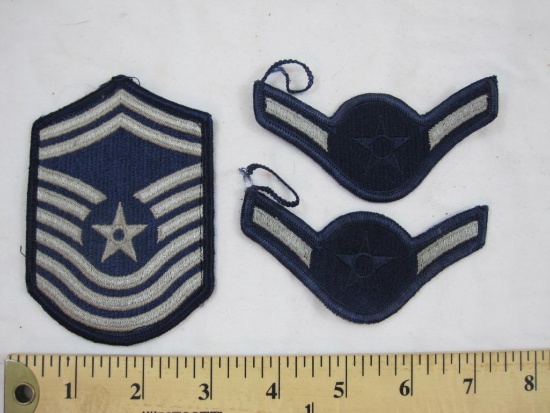 Three USAF US Air Force Patches including 2 E-2 Airman Blue Ranks and Senior Master Sergeant, 1 oz