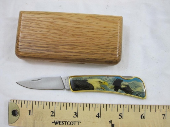 Bald Eagle Folding Pocket Knife in Wooden Box, blade marked Vanadium Stainless Steel Taiwan, 7 oz