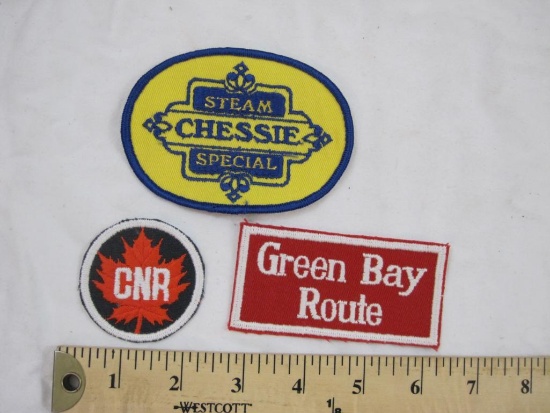 Three Vintage Railroad Patches including CNR (Canadian National Railway), Chessie Steam Special, and