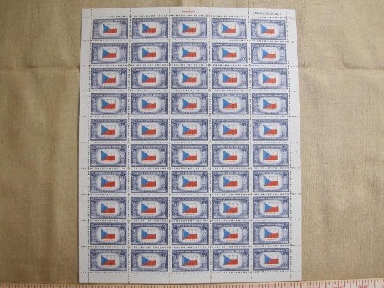 Full sheet of 50 5 cent Czechoslovakia flag US postage stamps, #910