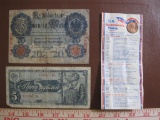 One 1976 Bicentennial US penny, one 1909 Reichsbanknote, and one 1938 Soviet Union currency.