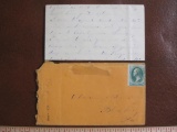 Orange envelope circa 1870 including cancelled 3 cent Green Washington US postage stamp, Scott #