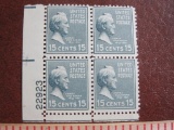 Block of 4 1938 15 cent Light Blue Buchanan US postage stamps, Scott # 820
