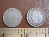 Two Liberty Head nickels, 1899 and 1901