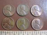 Six Lincoln pennies 1955D (1), 1956D (1), 1957D (3) and 1958D (1)