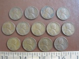 Lot of 13 Lincoln wheat pennies, 1939 to 1958