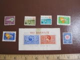 Stamp lot consisting of 2 1937 Pro Juventute Helvetia stamps, along with 6 loose unused United