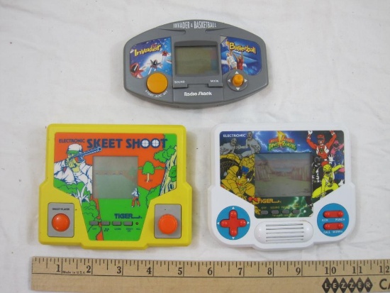 Three Vintage Battery-Operated Handheld Video Games including Invader & Basketball, Electronic Skeet