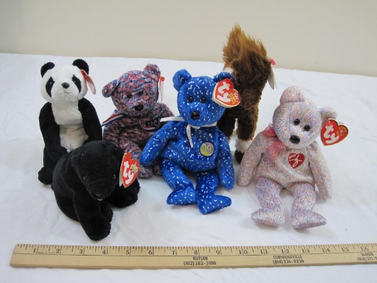 Lot of 6 TY Beanie Babies including Cinders, China, Thunderbolt, 2001 Signature Bear, Decade, and