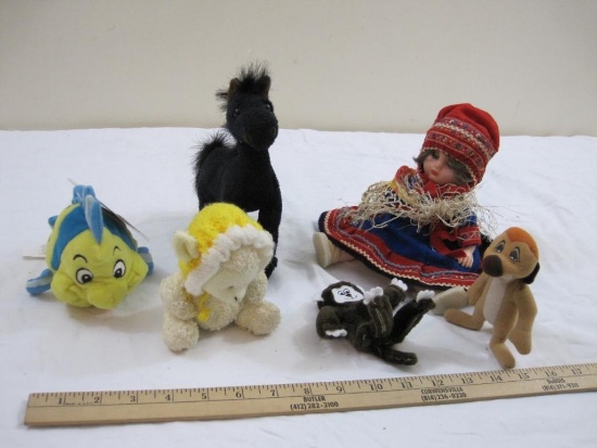 Lot of Assorted Dolls and Plush Toys including Flounder, Simba, RUSS Horse, and more, 14 oz