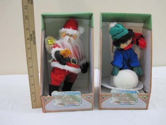 Two Vintage Holiday Collectibles Posable and Hand-Crafted Santa and Child Playing in Snow, in
