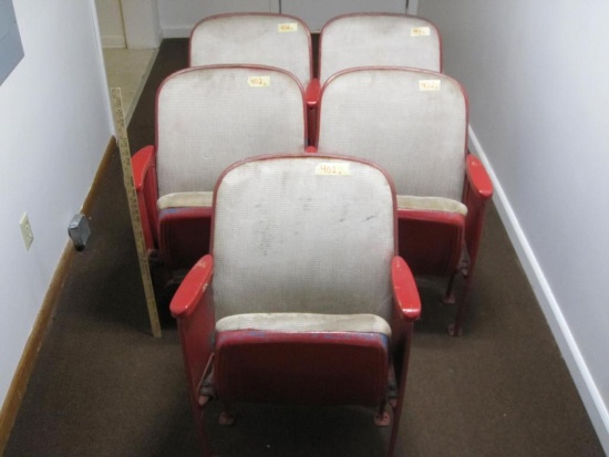 Five vintage steel Movie Theater Chairs - two pairs, one single - pairs are approx 46" wide, single