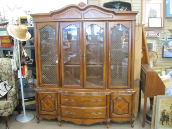 Two piece Bassett Dining Room/ Display Cabinet with lights, overall 72" wide by 84" tall, all glass