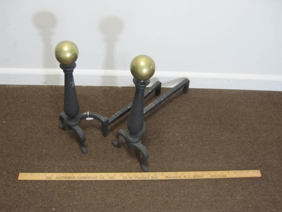 Pair of Andirons, Iron and Brass, approx 18" tall