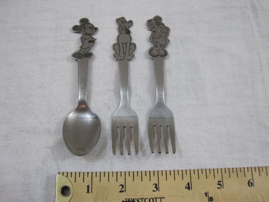 Three Collectible Disney Flatware including Mickey Spoon, Pluto Fork, and Minnie Fork, Stainless, by