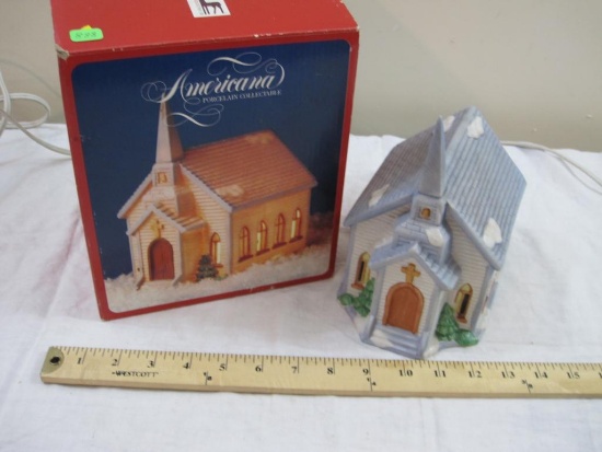 Church, Lighted Americana Porcelain Collectable, in original box, missing light kit, 1991 National