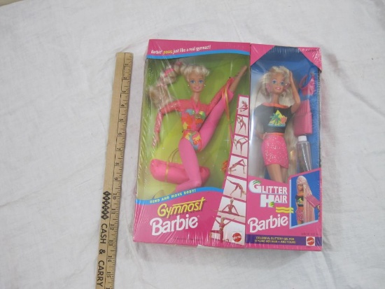 Lot of 2 Barbies including Gymnast Barbie and Glitter Hair Barbie, Sealed, 1 lb 3 oz