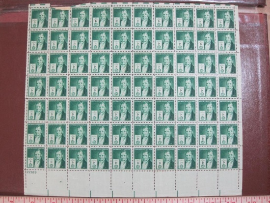Full sheet of 70 1940 1 cent green Eli Whitney US postage stamps, Scott # 889; see pictures for