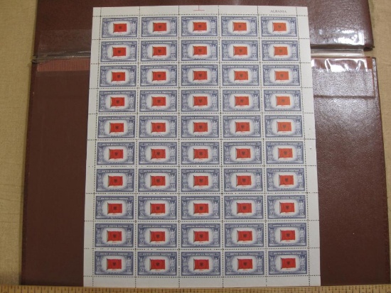 Full sheet of 50 1943 5 cent Flag of Albania US postage stamps, Scott # 918
