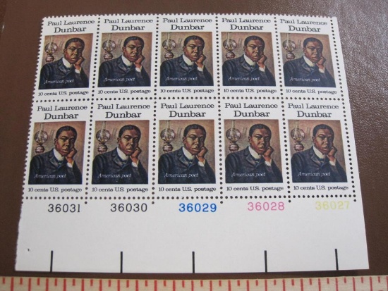 Block of 10 1975 10 cent Paul Laurence Dunbar US postage stamps, Scott # 1554