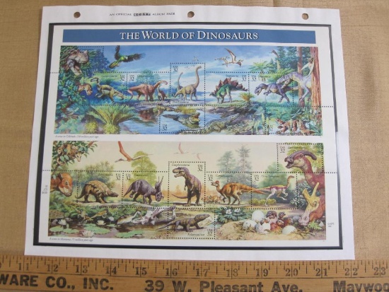 1997 The World of Dinosaurs philatelic souvenir sheet; includes 15 32 cent stamps, sheet is mounted