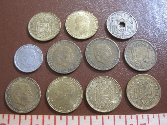 Lot of Spain coins, including 1949 50 Centimos, 7 Francisco Franco una peseta coins (mostly, 1960s),