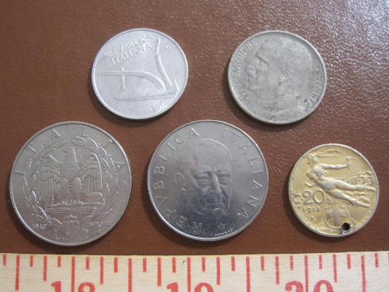 Lot of 5 Italy coins, including 1914 (has hole, as if for charm), 1920, 1940, 1951, 1974