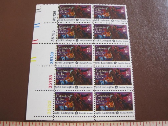 Block of 10 1975 8 cent Sybil Ludington US postage stamps, Scott # 1559