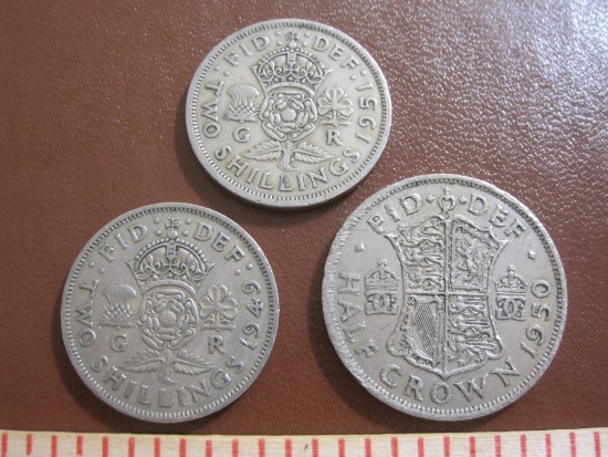Three King George VI UK coins:; two 2 shilling coins (1949 and 1951) and one 1950 half crown